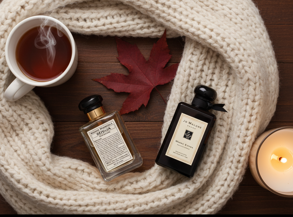 Two bottles of perfume, a cup of tea, a candle, and a red leaf on a wooden surface with a blanket.